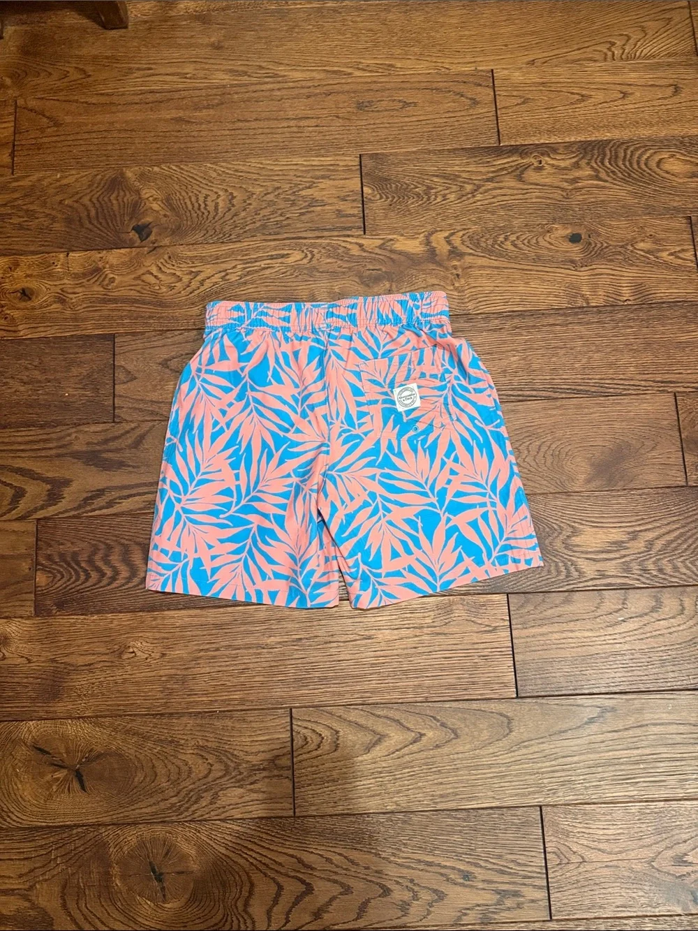 Boys Abercrombie Kids Swim Trunks Tropical Print Swim Shorts in Coral & Blue